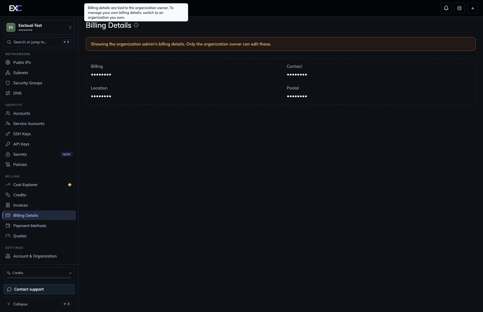 Billing Details ownership requirement in the Excloud console, with sensitive billing values redacted