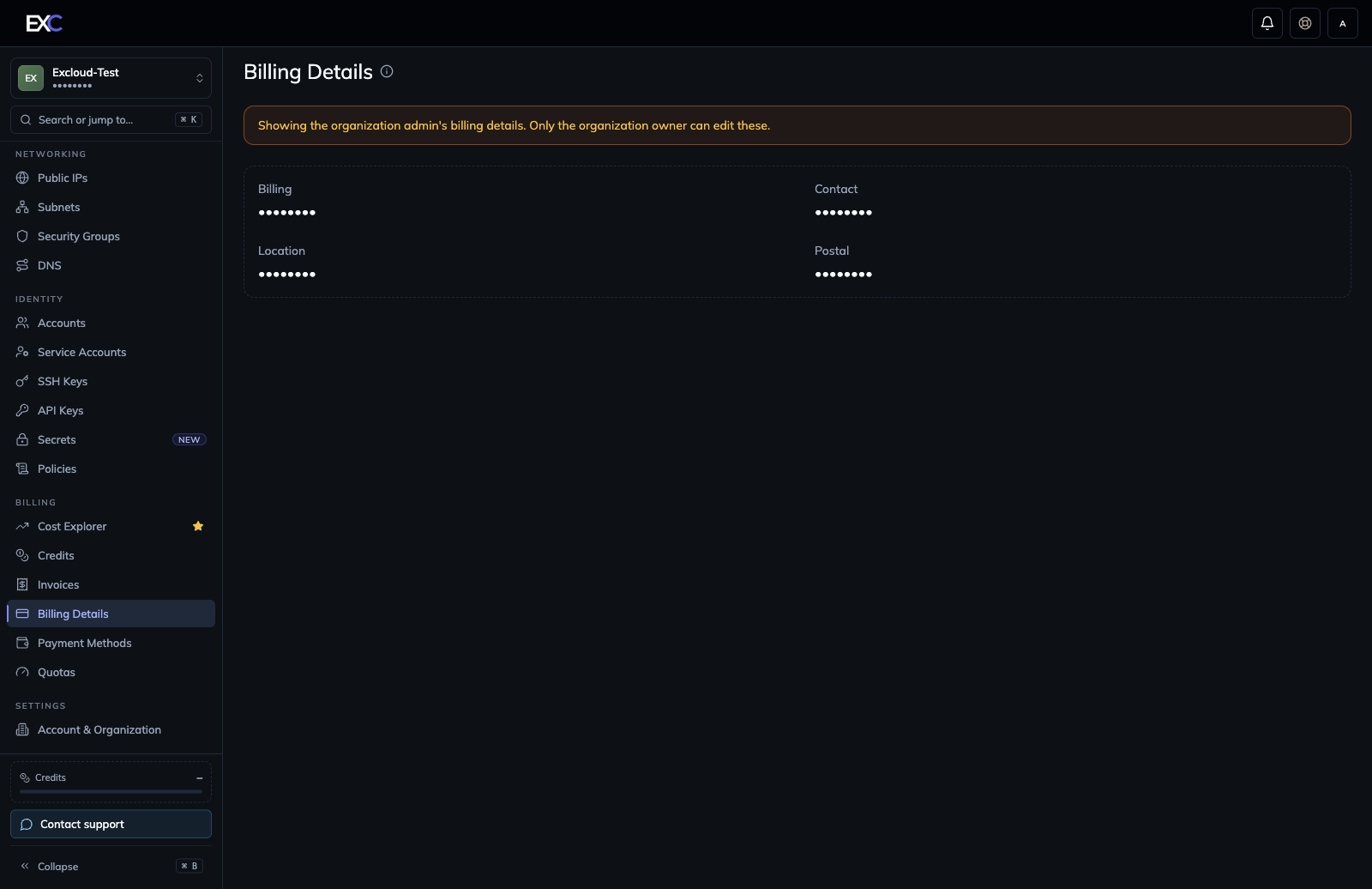 Billing Details page selected under Billing in the Excloud console, with sensitive values redacted