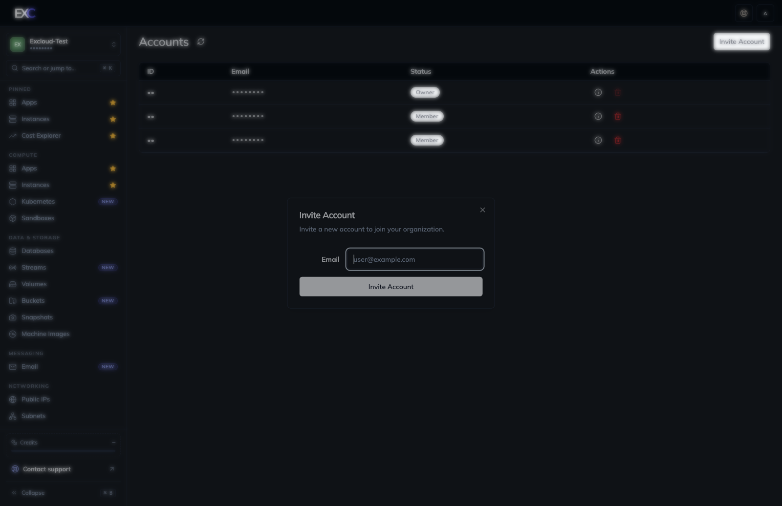Invite Account dialog with an email field in the Excloud console