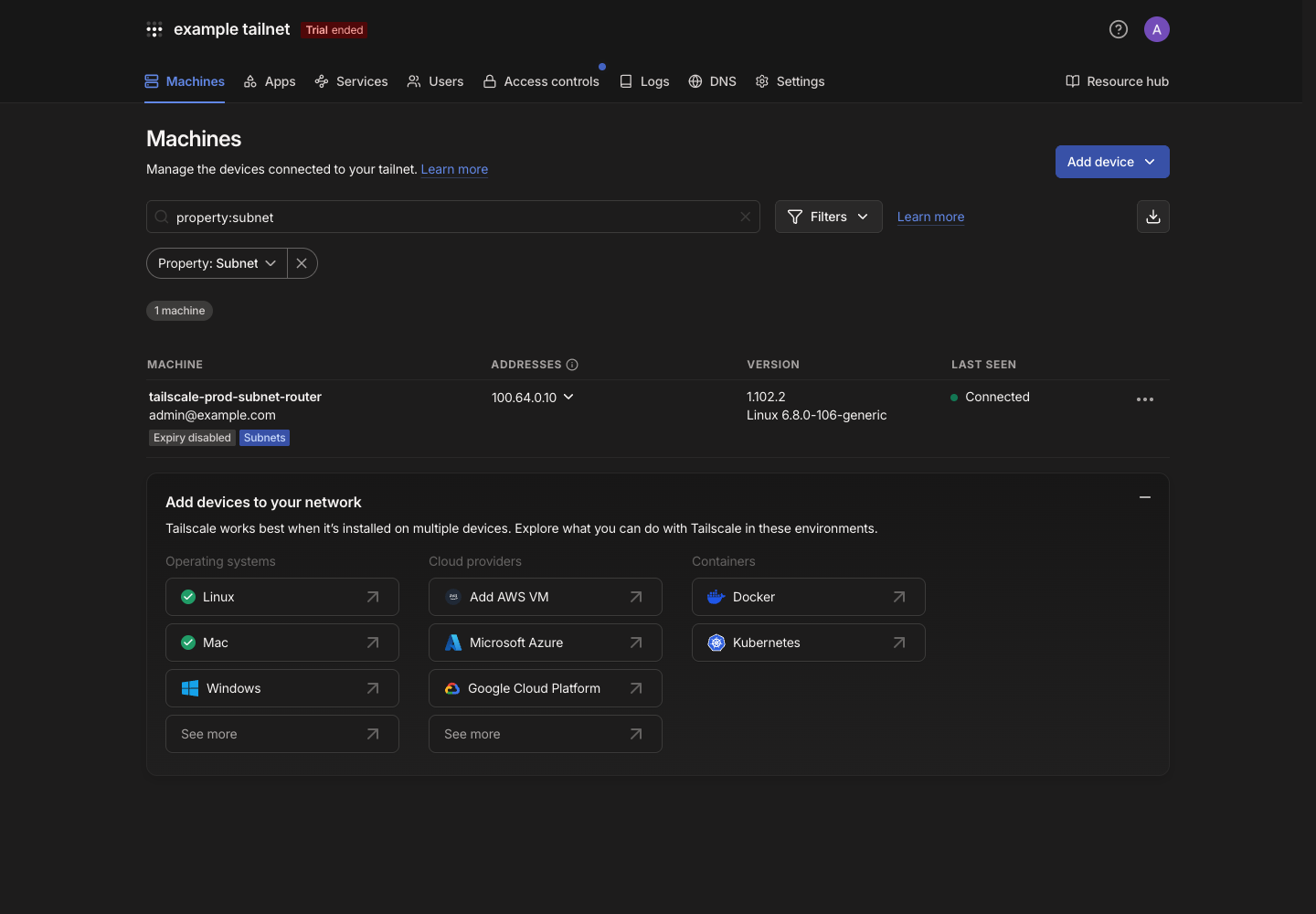 Tailscale Machines page filtered to show a connected subnet router